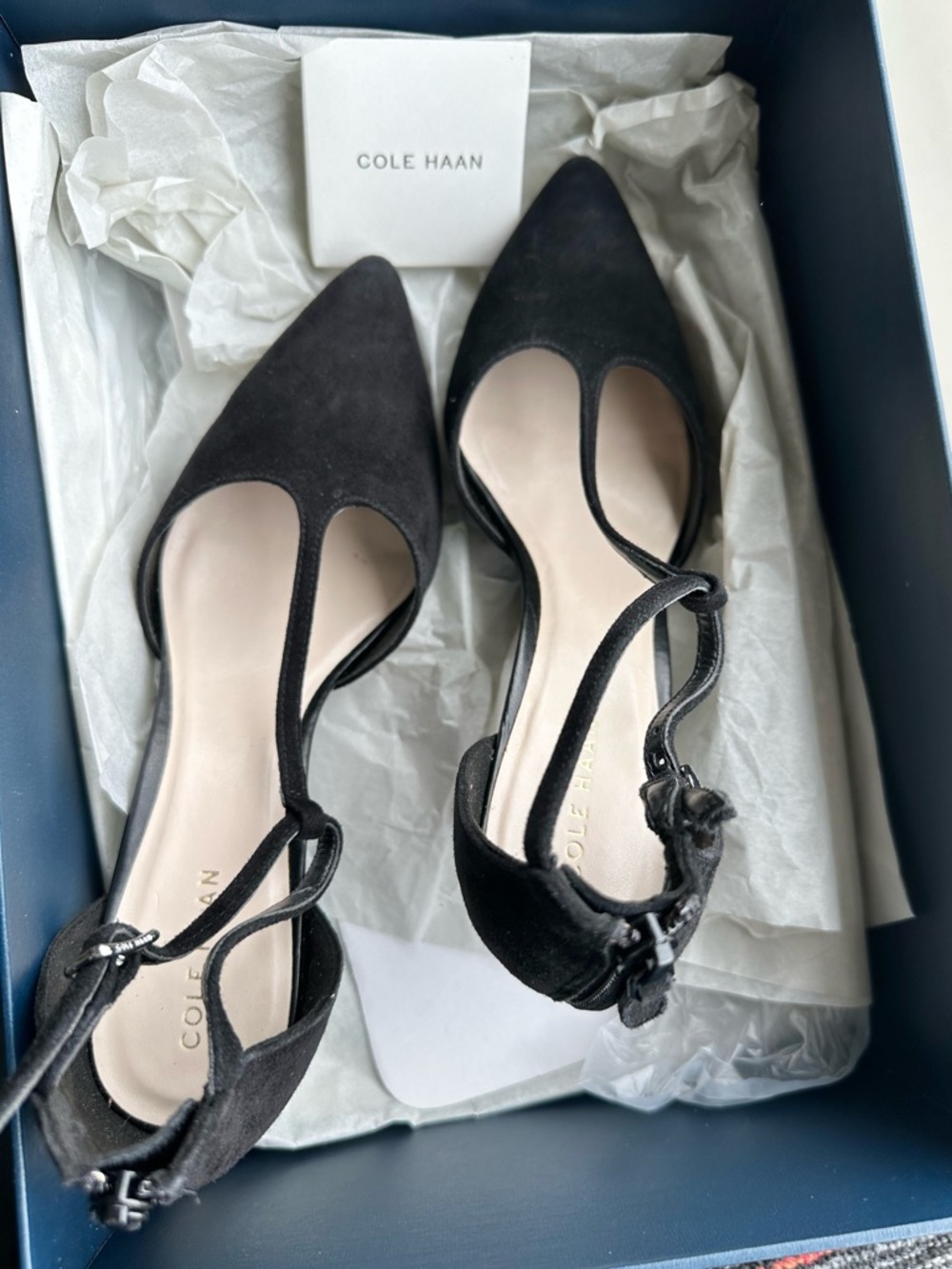 Cole Haan Black Suede Pointed-Toe T-Strap Heels